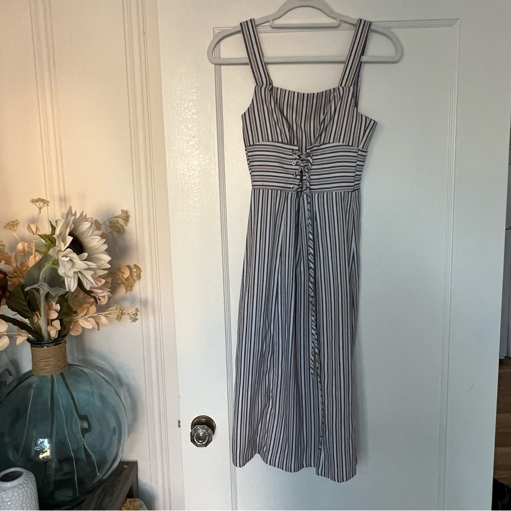 Ali & Jay vertical Stripe Blue & Cream Corset Front MIDI Dress Size XSmall EUC
